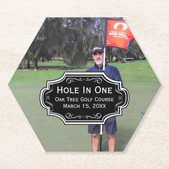 Personalized Hole In One Golf Photo and Stats Paper Coaster (Front)
