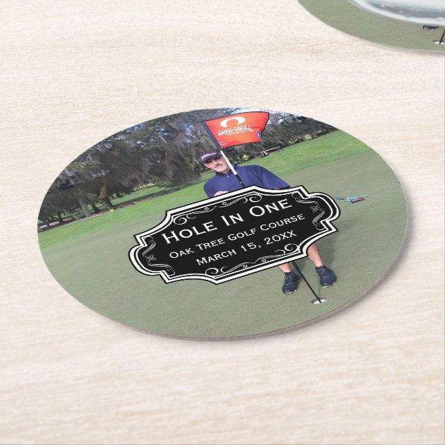 Personalized Hole In One Golf Photo and Stats Round Paper Coaster (Angled)