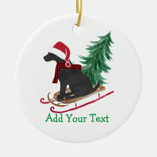 Personalized Holiday Black Lab Xmas Tree Sled Ceramic Ornament (Front)