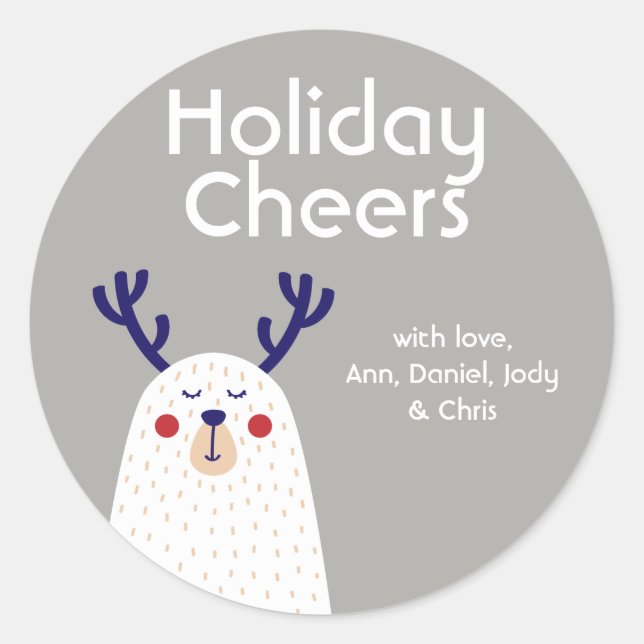 Personalized Holiday Cheers Bear with Antlers Classic Round Sticker (Front)