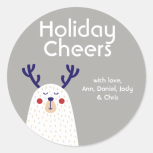 Personalized Holiday Cheers Bear with Antlers Classic Round Sticker