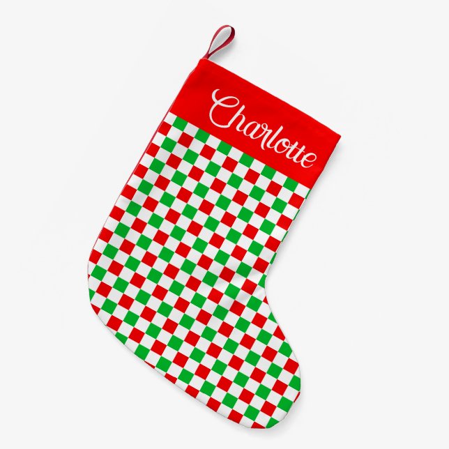Personalized Holiday Chequered Pattern Red Green Small Christmas Stocking (Front (Hanging))