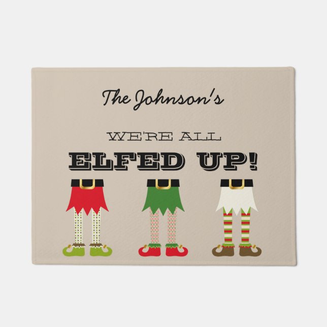 Personalized Holiday Chistmas Elves Elfed Up Doormat (Front)