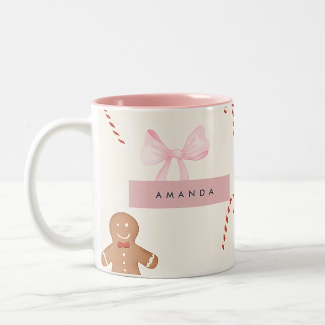 Personalized Holiday Gingerbread & Pink Bow Two-Tone Coffee Mug (Left)