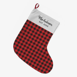 Personalized Holiday Gingham Black Red Rustic Large Christmas Stocking