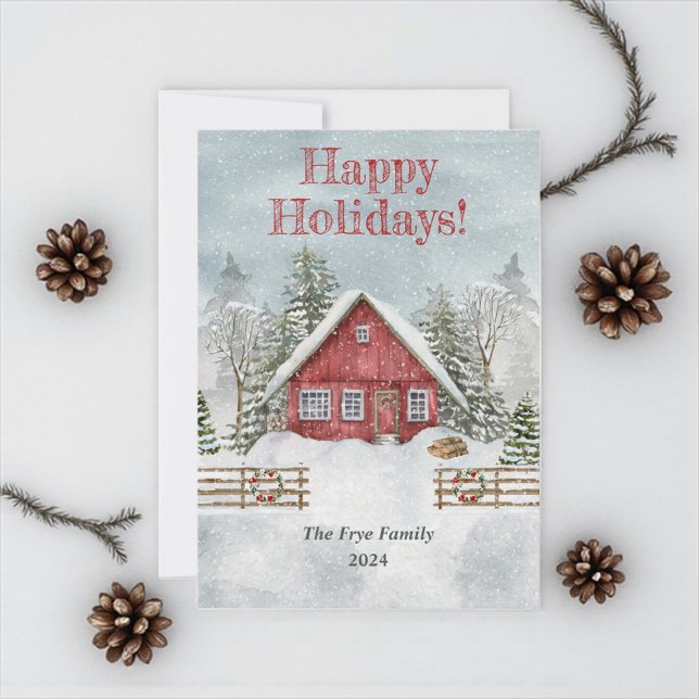 Personalized Holiday Greeting Christmas Card (Happy holidays greeting cards with red winter cottage)