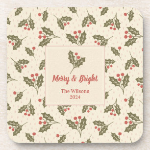 Personalized holiday Holly berry - merry & bright Coaster