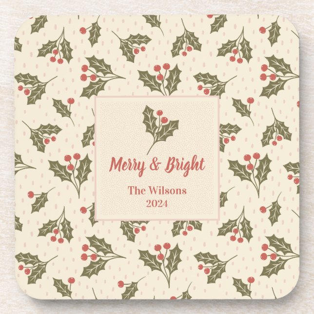 Personalized holiday Holly berry - merry & bright Coaster (Front)