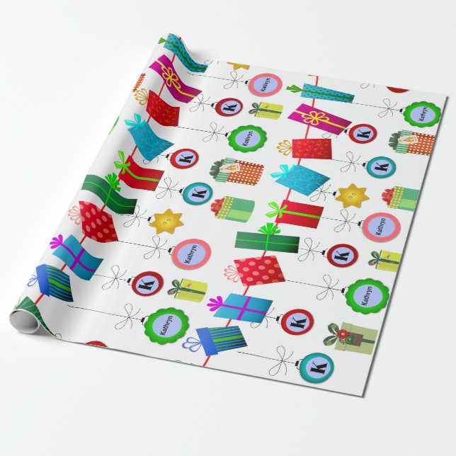 Personalized Holiday Ornaments Wrapping Paper (Unrolled)