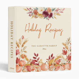 Personalized Holiday Recipes Watercolor Pumpkin  Binder