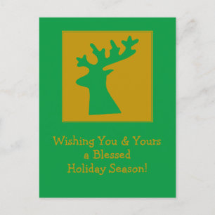 Personalized Holiday Reindeer Head Gold Green Postcard