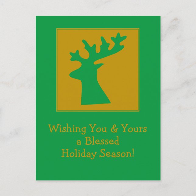 Personalized Holiday Reindeer Head Gold Green Postcard (Front)