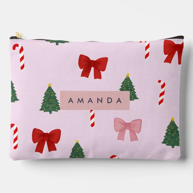 Personalized Holiday Tree & Candy Cane Pattern Accessory Pouch (Front)