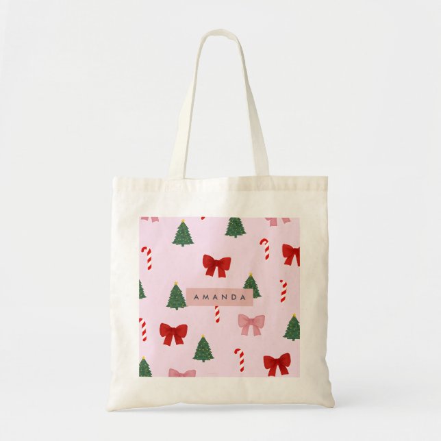 Personalized Holiday Tree & Candy Cane Pattern Tote Bag (Front)