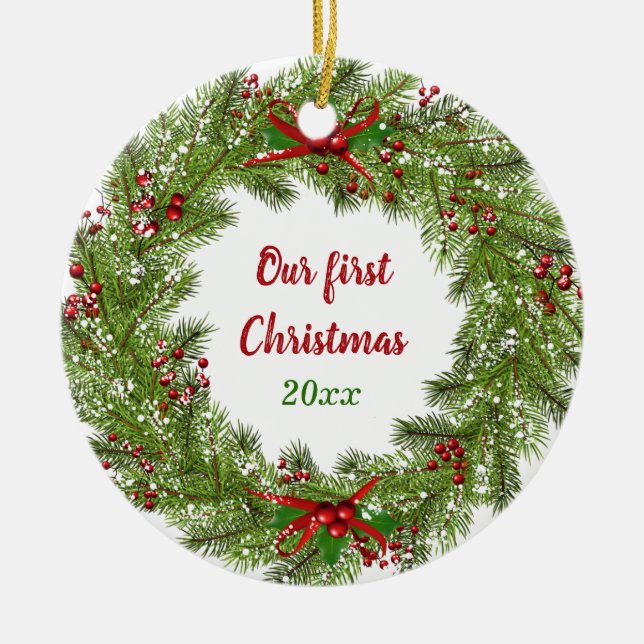 Personalized Holiday Wreath Christmas Ceramic Orna Ceramic Ornament (Front)