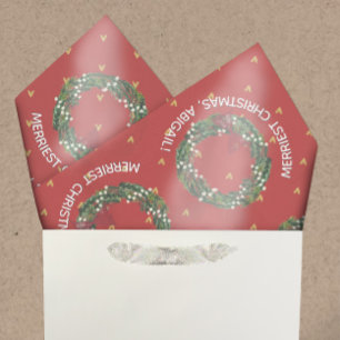 Personalized Holiday Wreath & Gold Hearts Tissue Paper