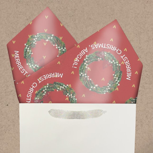 Personalized Holiday Wreath & Gold Hearts Tissue Paper (Creator Uploaded)