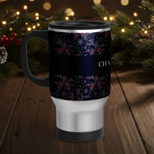 Personalized Holly Berry and Snowflakes Christmas Travel Mug
