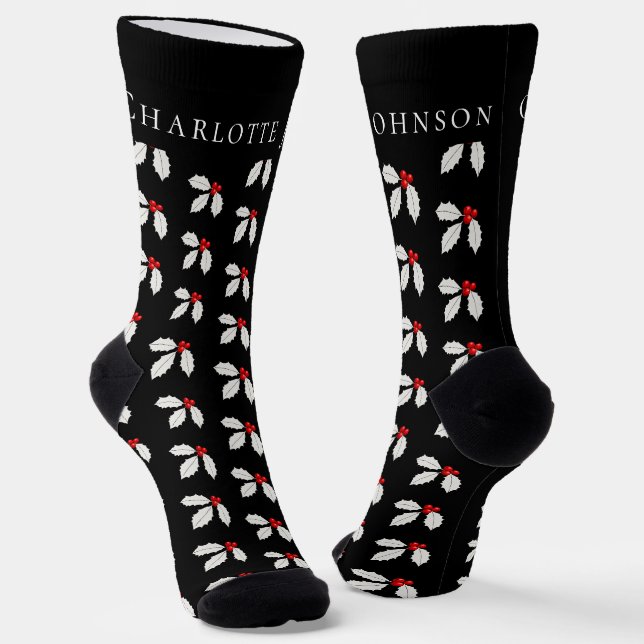Personalized Holly Berry Black & White Christmas Socks (Angled)