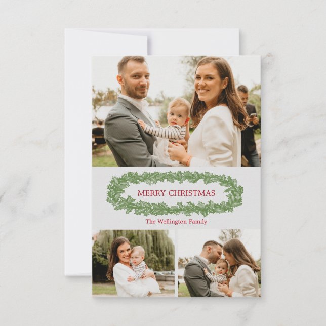 Personalized Holly Leaves Christmas Photo Card (Front)