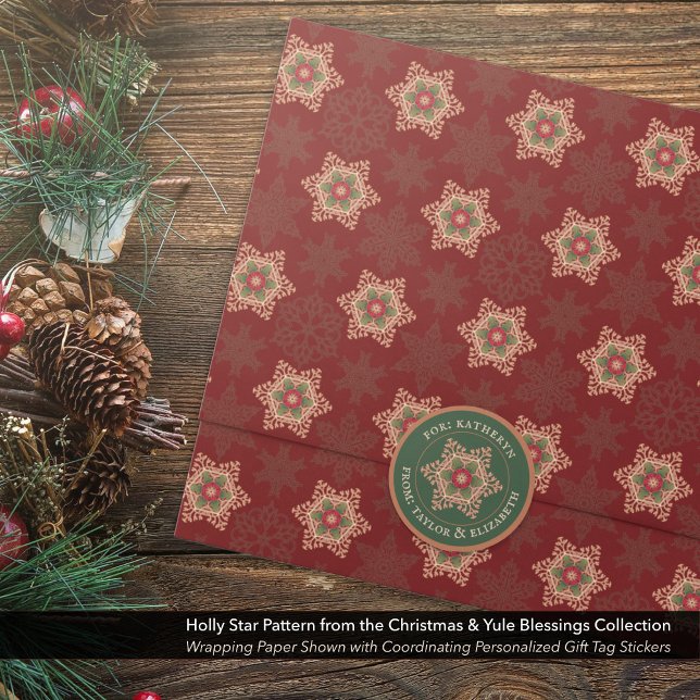 Personalized Holly Star Green Gift Tag Stickers (Personalized Holly Star Green Gift Tag Stickers Shown with Coordinating Wrapping Paper.)