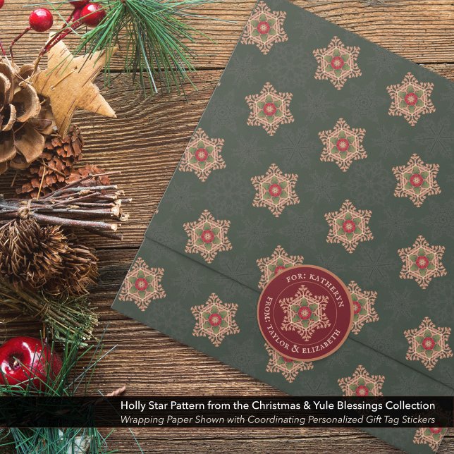 Personalized Holly Star Red Gift Tag Stickers (Personalized Holly Star Red Gift Tag Stickers Shown with Coordinating Wrapping Paper.)