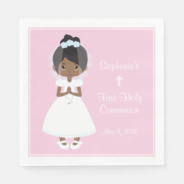 Personalized Holy Communion Black Girl Napkin (Front)