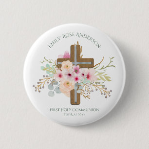 Personalized Holy Communion Floral Cross 2 Inch Round Button