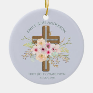 Personalized Holy Communion Floral Cross Ceramic Ornament
