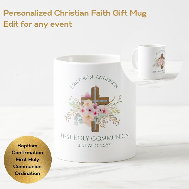 Personalized Holy Communion Floral Cross Coffee Mug (Creator Uploaded)
