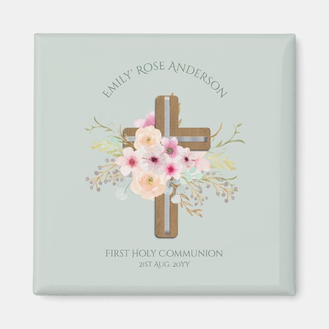 Personalized Holy Communion Floral Cross Magnet (Front)