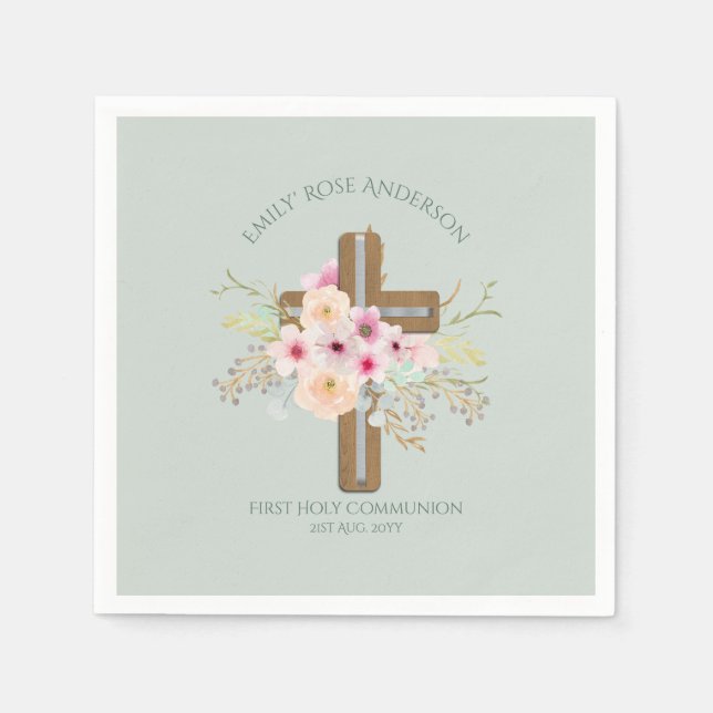 Personalized Holy Communion Floral Cross Napkin (Front)