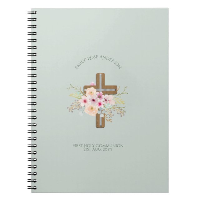 Personalized Holy Communion Floral Cross Notebook (Front)