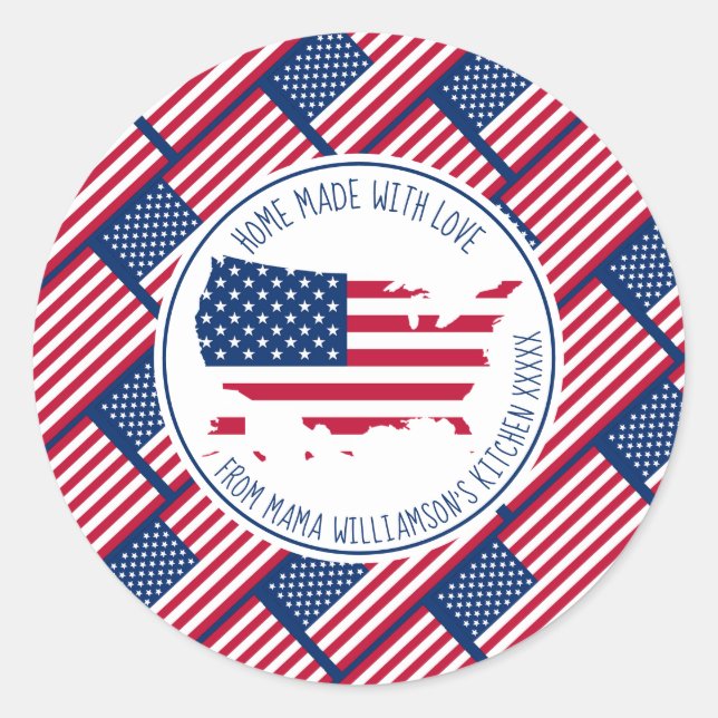 Personalized HOME MADE WITH LOVE America USA Flag Classic Round Sticker (Front)