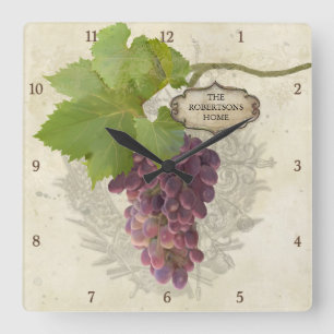Personalized Home Rustic Grapes on Vine Vintage Square Wall Clock