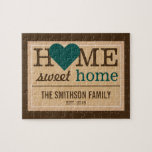 Personalized Home Sweet Home Family Welcome Sign Jigsaw Puzzle<br><div class="desc">Customize it with your family name,  date of establishment and background colour. A unique gift for Housewarming.</div>