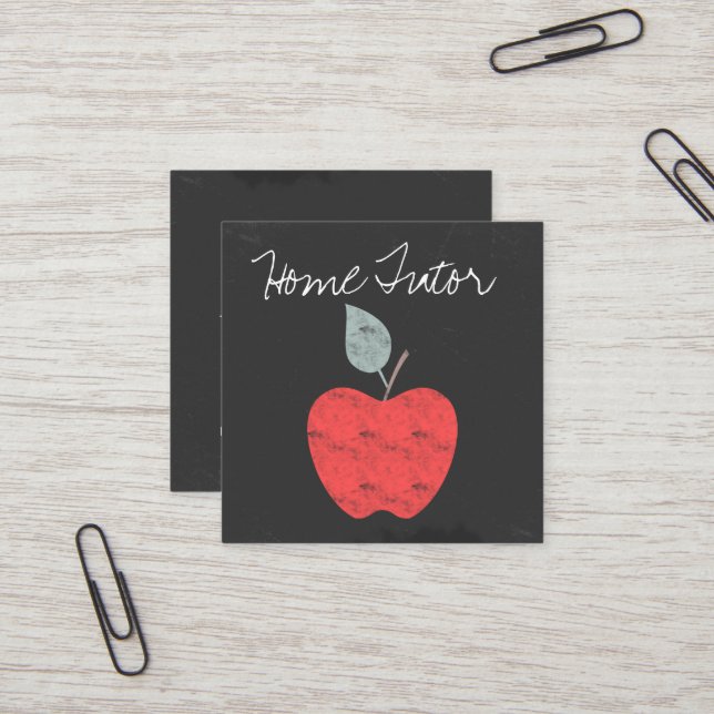 Personalized Home Tutor Teacher Apple Chalkboard Square Business Card (Front/Back In Situ)