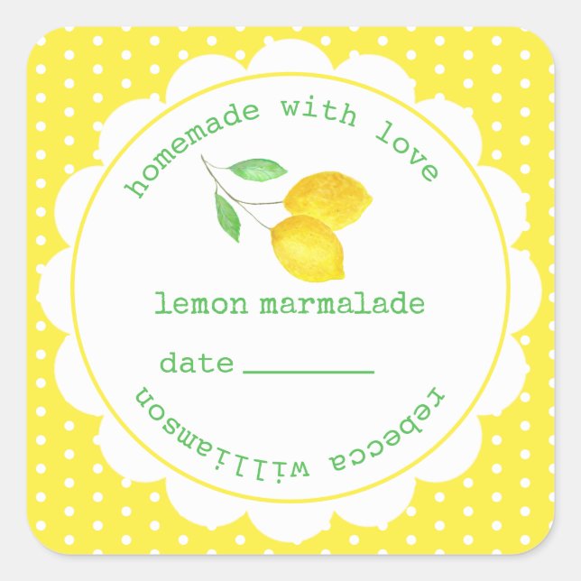 Personalized  Homemade Lemon Marmalade Jar  Square Sticker (Front)