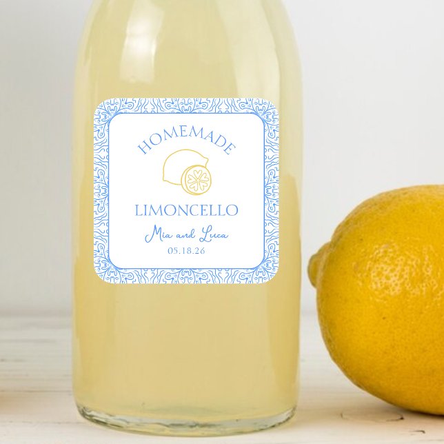 Personalized Homemade Limoncello Bottle Wedding Square Sticker (Elevate your limoncello favors with this chic blue and yellow label, customizable for your big day,)