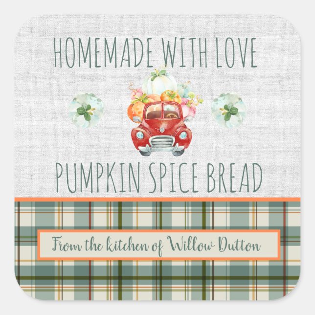 Personalized Homemade with love Pumpkin Truck Square Sticker (Front)