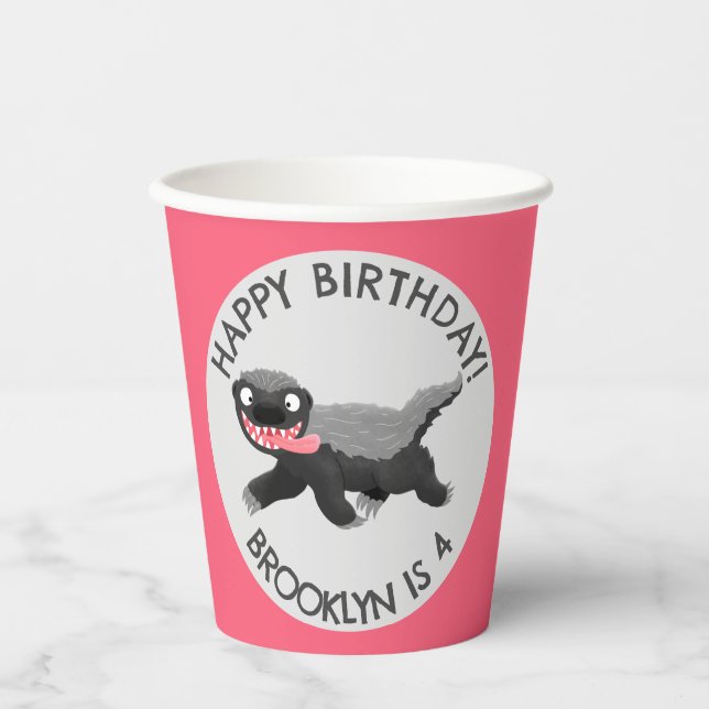 Personalized honey badger cartoon birthday paper cups (Front)