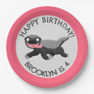 Personalized honey badger cartoon birthday paper plate