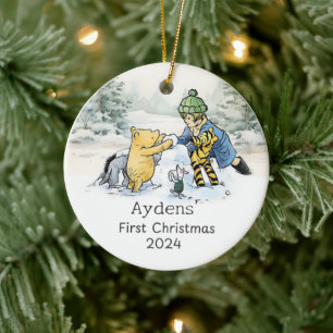 Personalized Honey Bear and child first christmas Ceramic Ornament