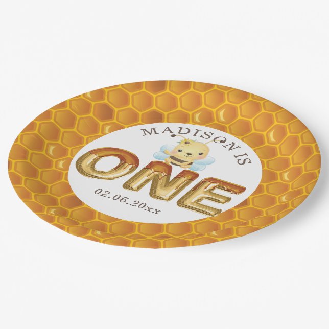Personalized Honey Bee First Birthday Paper Plate (Angled)