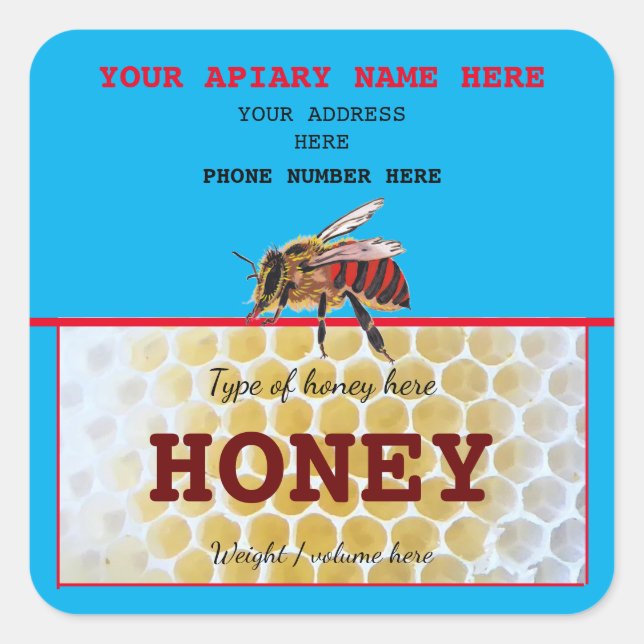 PERSONALIZED HONEY JAR LABELS. HOBBY BEEKEEPER  SQUARE STICKER (Front)