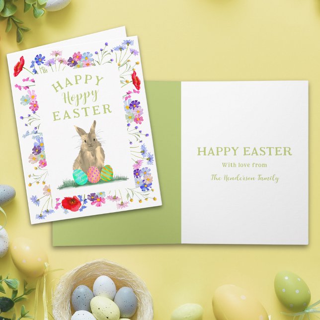 Personalized Hoppy Easter Cute Bunny Boho Floral Card (Personalized happy hoppy Easter cute bunny watercolor wildflower spring floral folded holiday card)