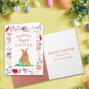 Personalized Hoppy Easter Cute Bunny Floral Card