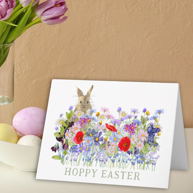 Personalized Hoppy Easter Cute Bunny Wildflower Card (Hoppy Easter bunny and wildflower watercolor custom folded holiday greetings card)