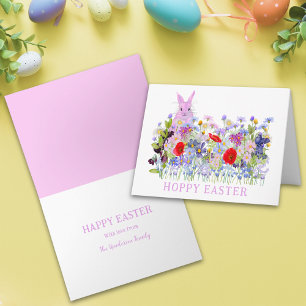 Personalized Hoppy Easter Pink Bunny Wildflower Card