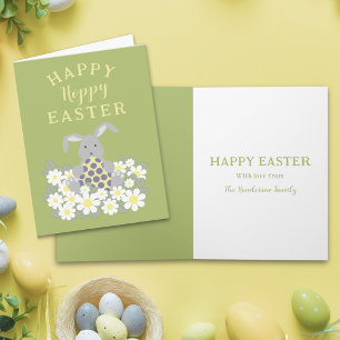 Personalized Hoppy Happy Easter Cute Bunny Floral Holiday Card